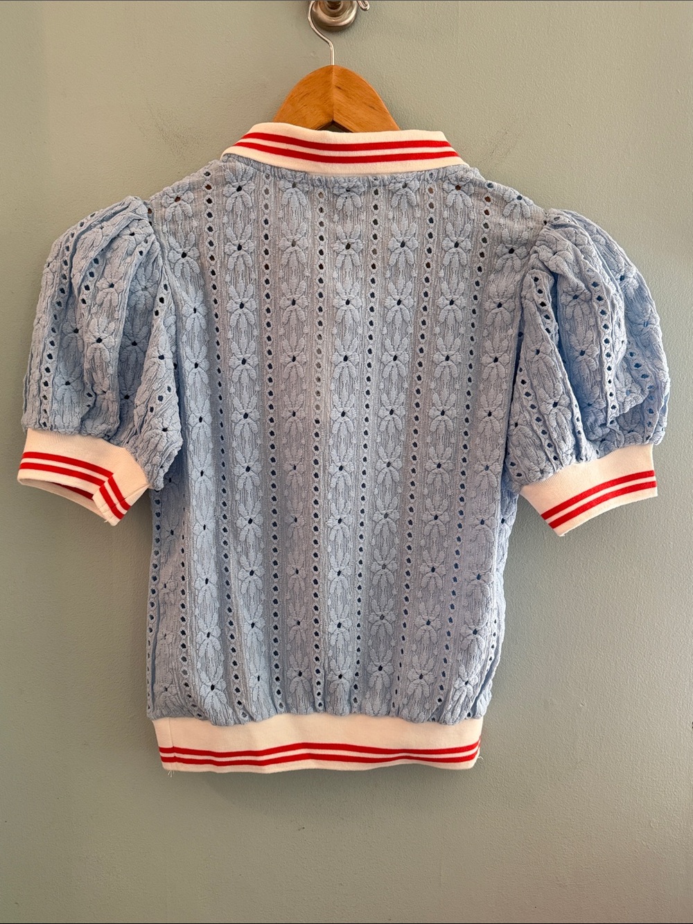 Maeve Pale Blue Eyelet Polo with Crystal Buttons - XXS - NWT - Picture 7 of 9